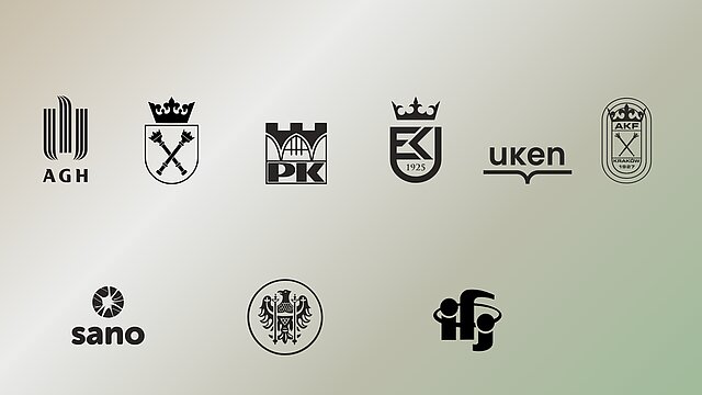 od lewej w górnym rzędzie logo AGH, UJ, PK, EK, UKEN, AKF, od lewej w dolnym rzędzie logo Sano, UWr, IFJ