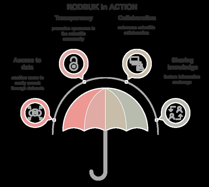 Infographic showing an umbrella with four surrounding icons, representing the core functions of RODBUK: access to data (database icon with arrows), transparency (padlock icon), collaboration (computer and lab flask icon), and sharing knowledge (people and arrows icon). Each concept is briefly explained, e.g., "promotes openness in the scientific community.