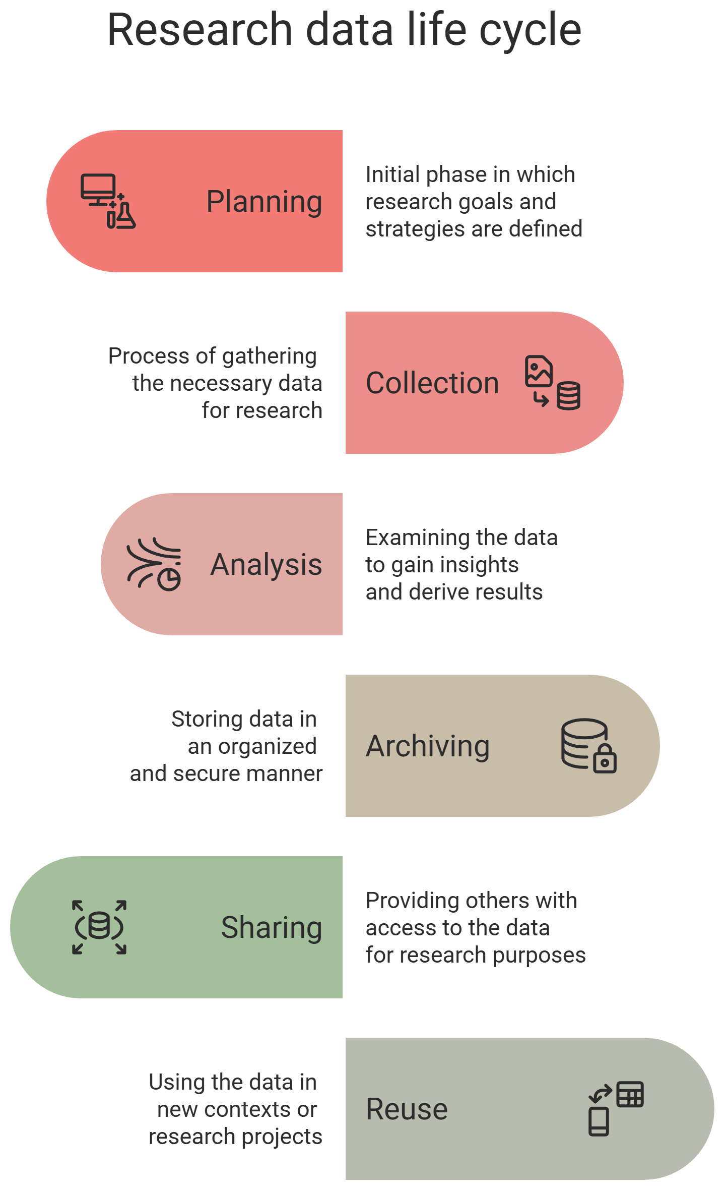 Research data life cycle - Planning - Initial phase in which research goals and strategies are defined; Collection - Process of gathering the necessary data for research; Analysis - Examining the data to gain insights and derive results; Archiving - Storing data in an organized and secure manner; Sharing - Providing others with access to the data for research purposes; Reuse - Using the data in new contexts or research projects